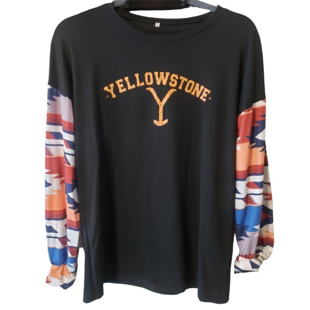 Yellowstone Long Sleeve Shirt Black with Aztec Colorful Sleeves Size S
